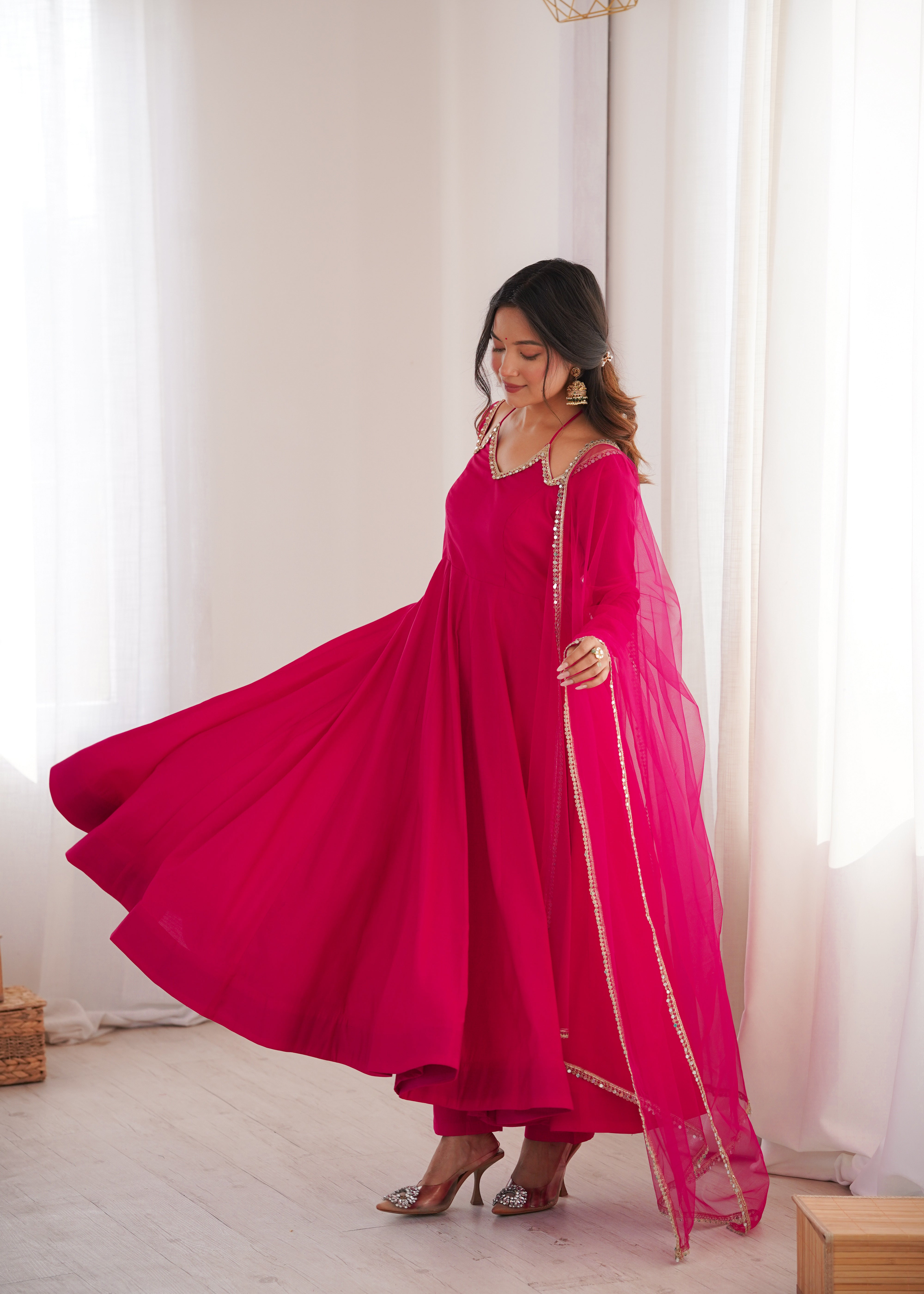 PREMIUM QUALITY HEAVY PURE ROMANSILK CHANDERI FABRIC ANARKALI GOWN
