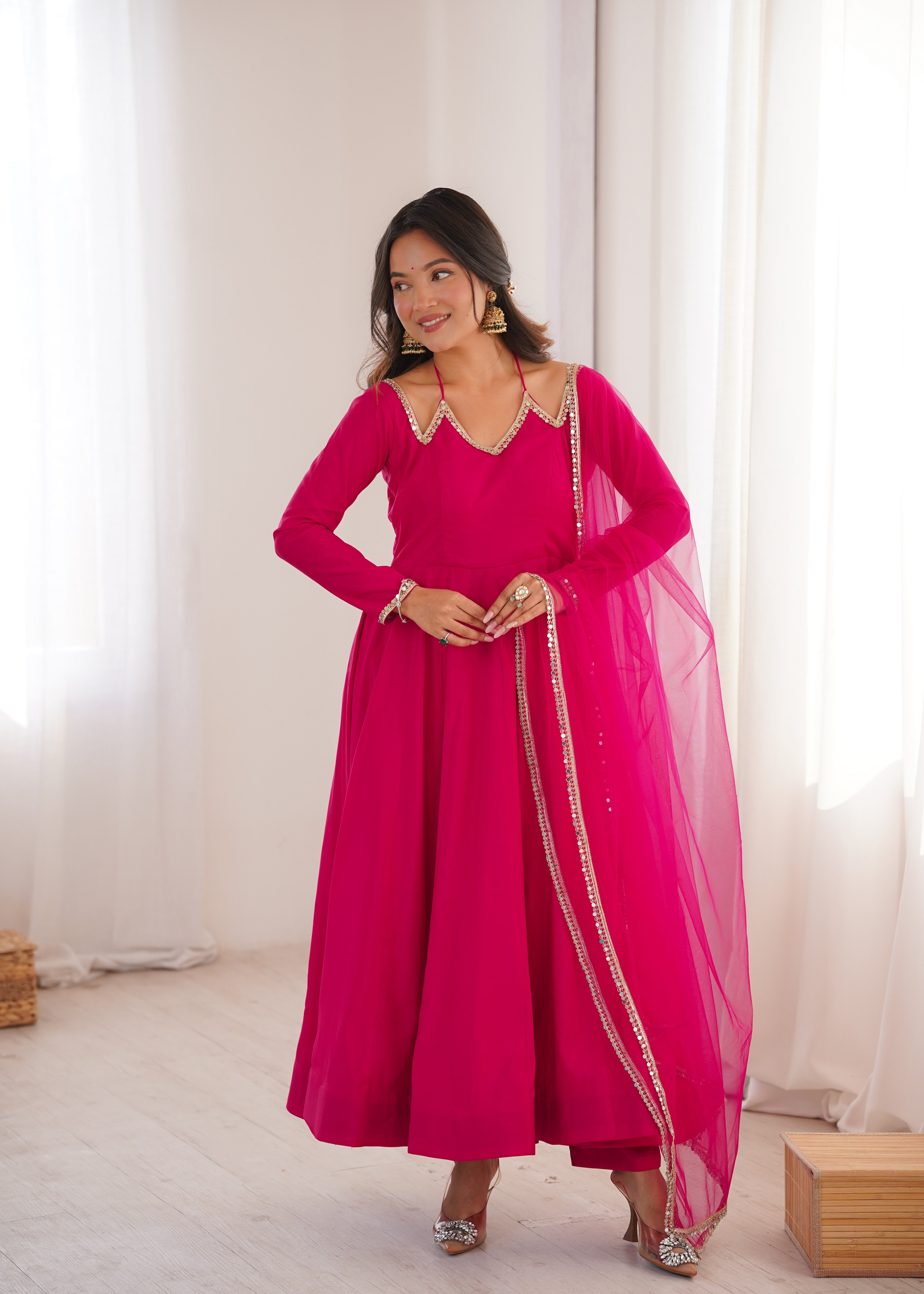 PREMIUM QUALITY HEAVY PURE ROMANSILK CHANDERI FABRIC ANARKALI GOWN