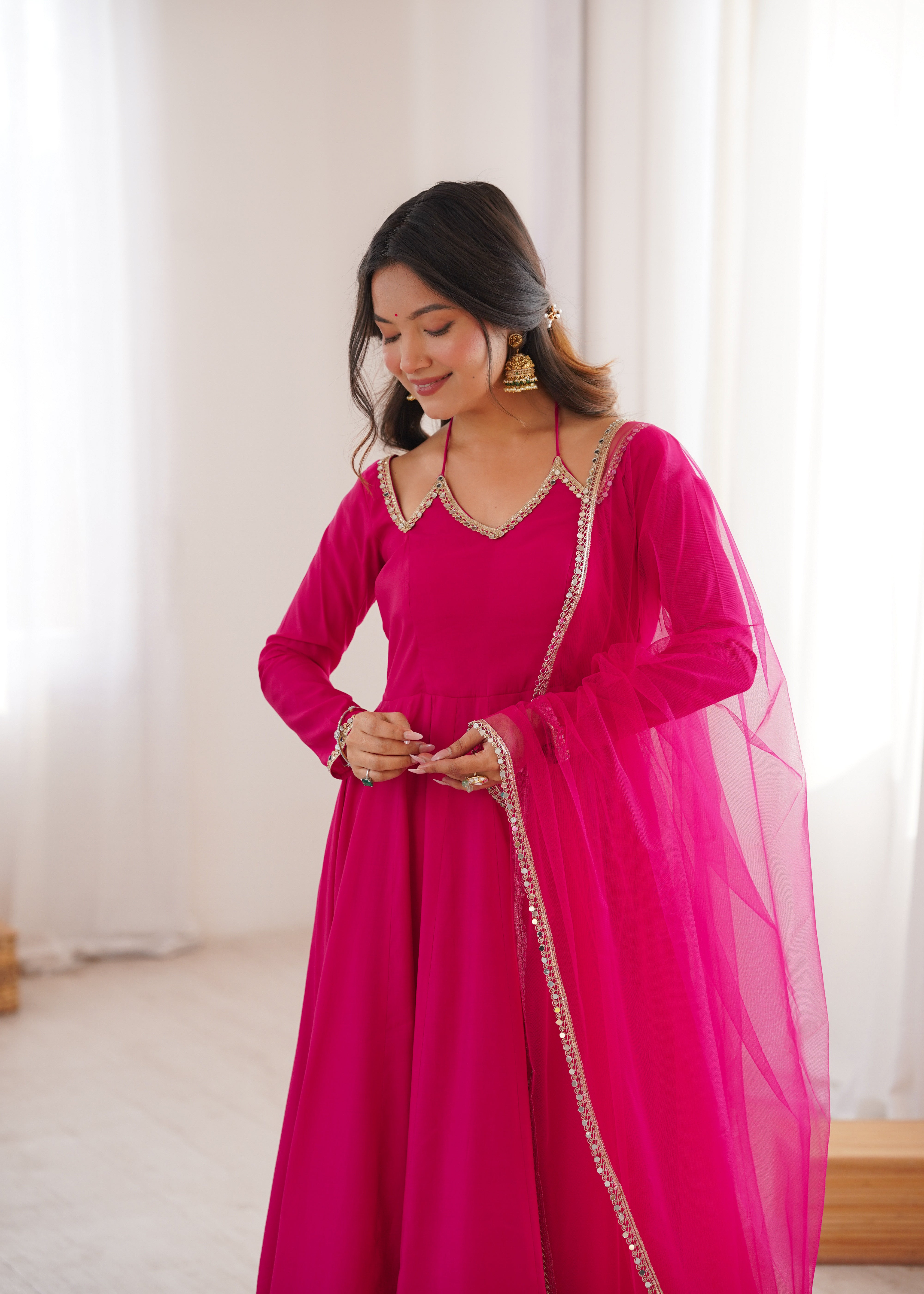 PREMIUM QUALITY HEAVY PURE ROMANSILK CHANDERI FABRIC ANARKALI GOWN