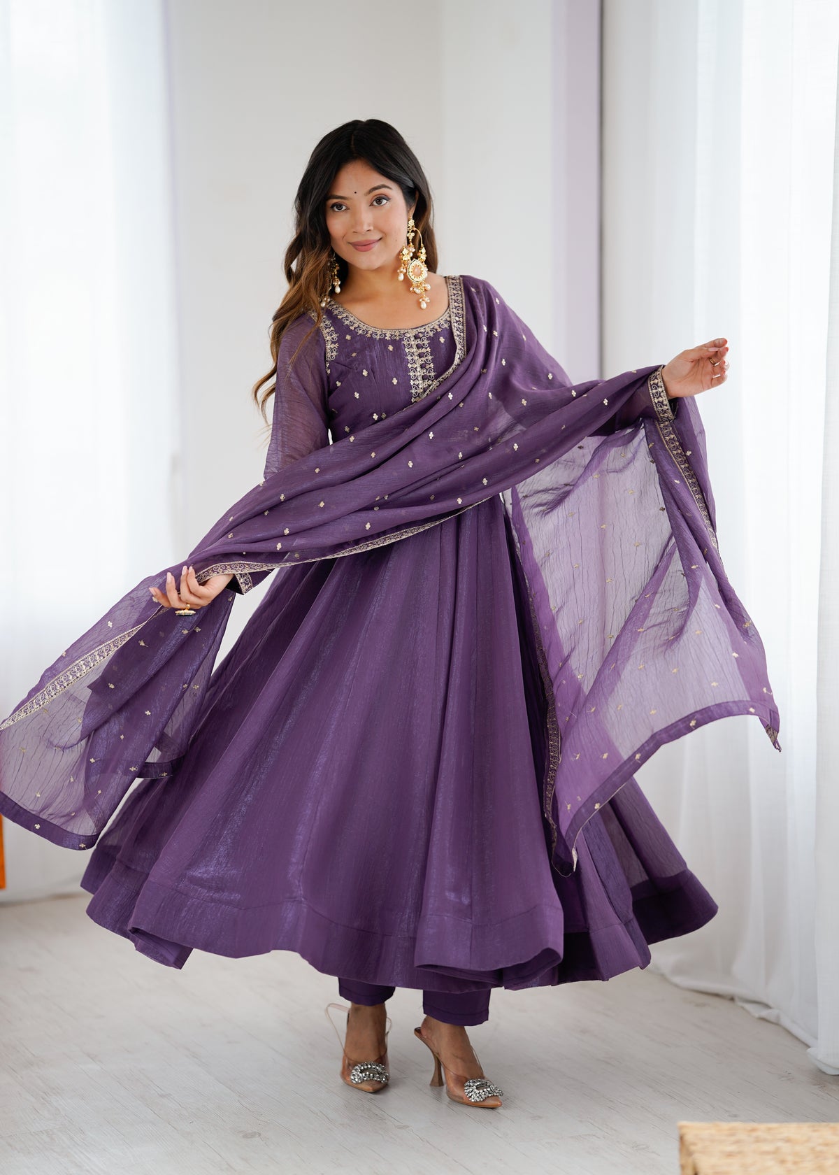 HEAVY PURE CRUNCHY SILK FABRIC ANARKALI GOWN,PENT WITH DUPPTA SET READY TO WEAR
