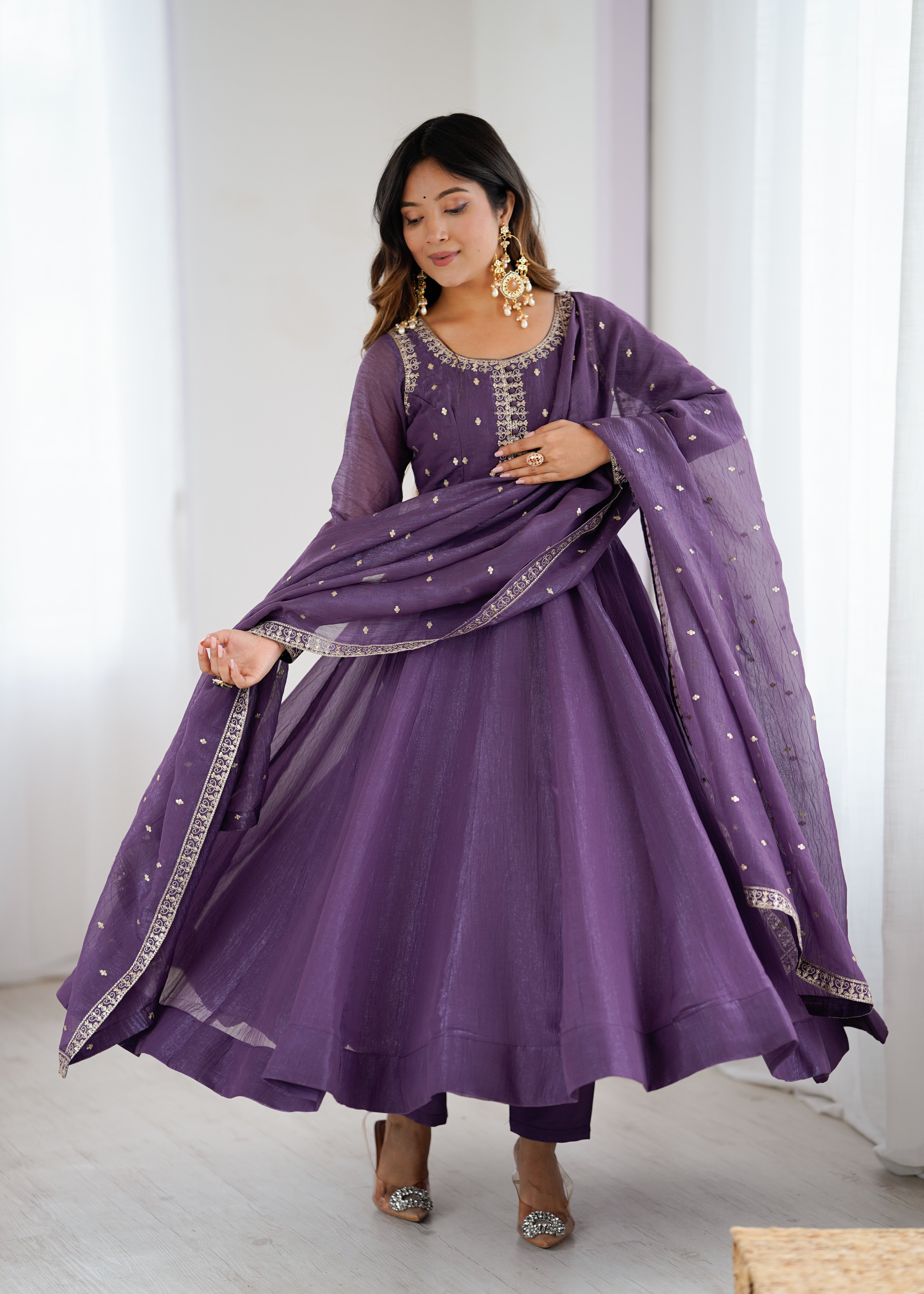 HEAVY PURE CRUNCHY SILK FABRIC ANARKALI GOWN,PENT WITH DUPPTA SET READY TO WEAR