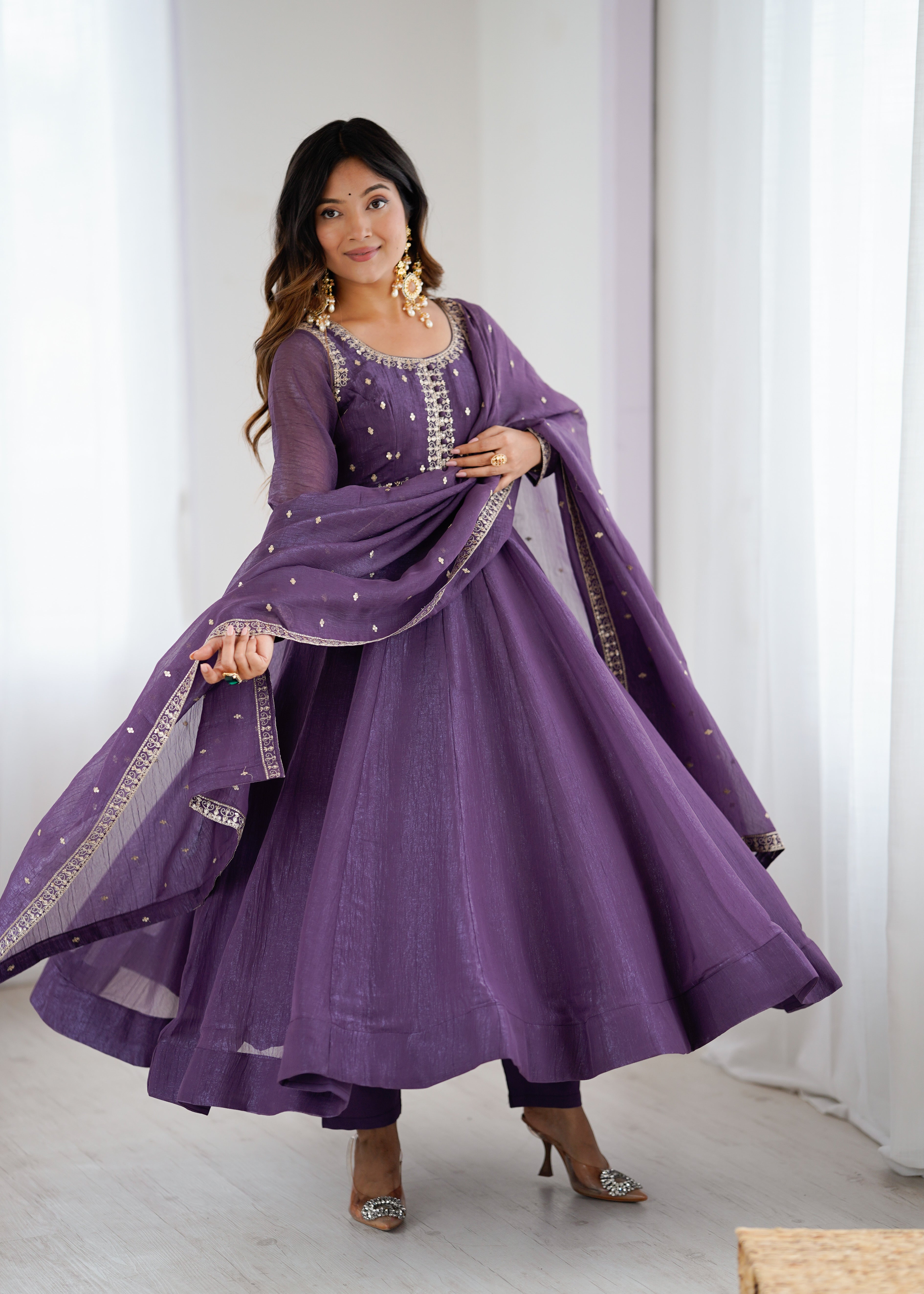 HEAVY PURE CRUNCHY SILK FABRIC ANARKALI GOWN,PENT WITH DUPPTA SET READY TO WEAR