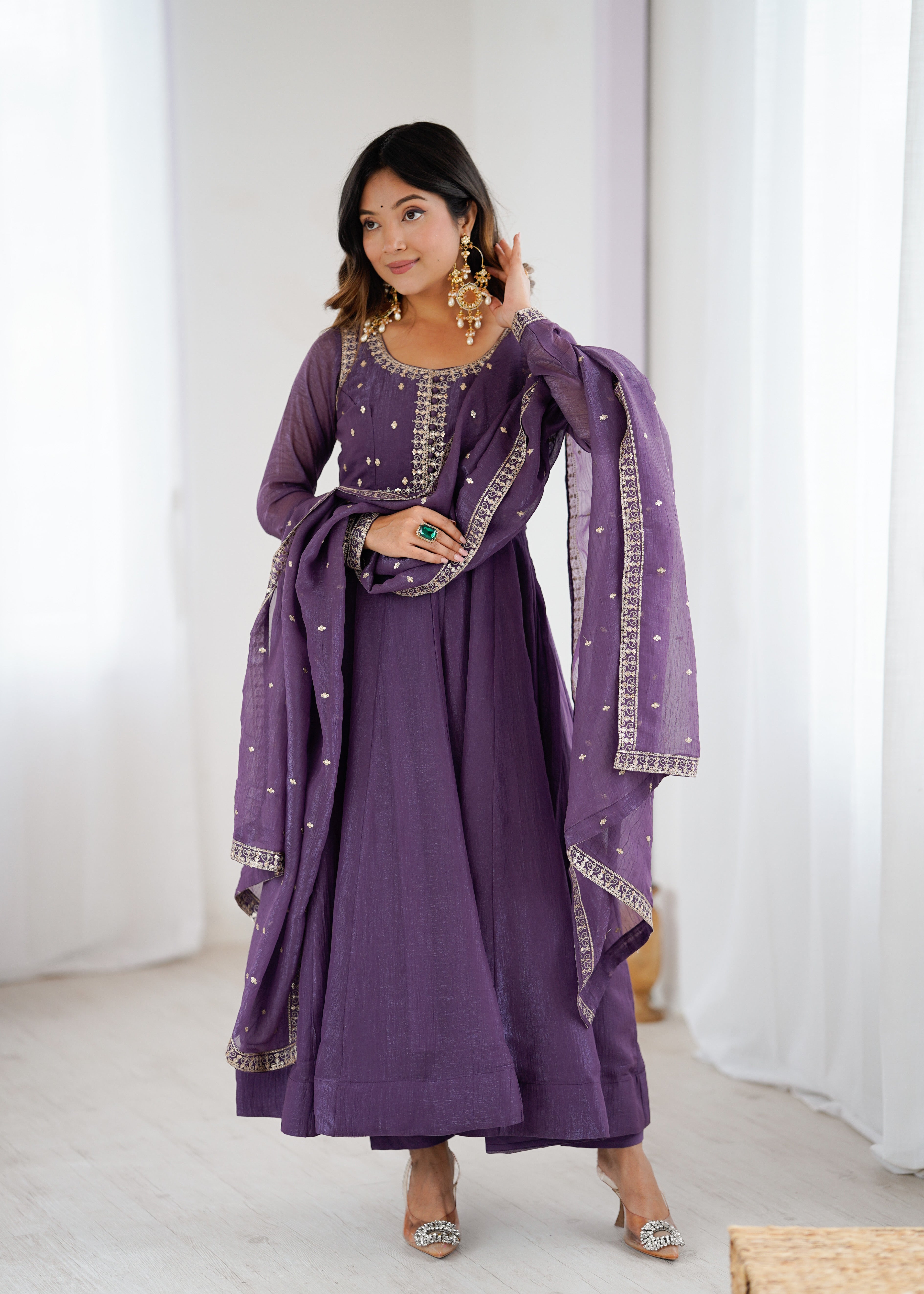 HEAVY PURE CRUNCHY SILK FABRIC ANARKALI GOWN,PENT WITH DUPPTA SET READY TO WEAR