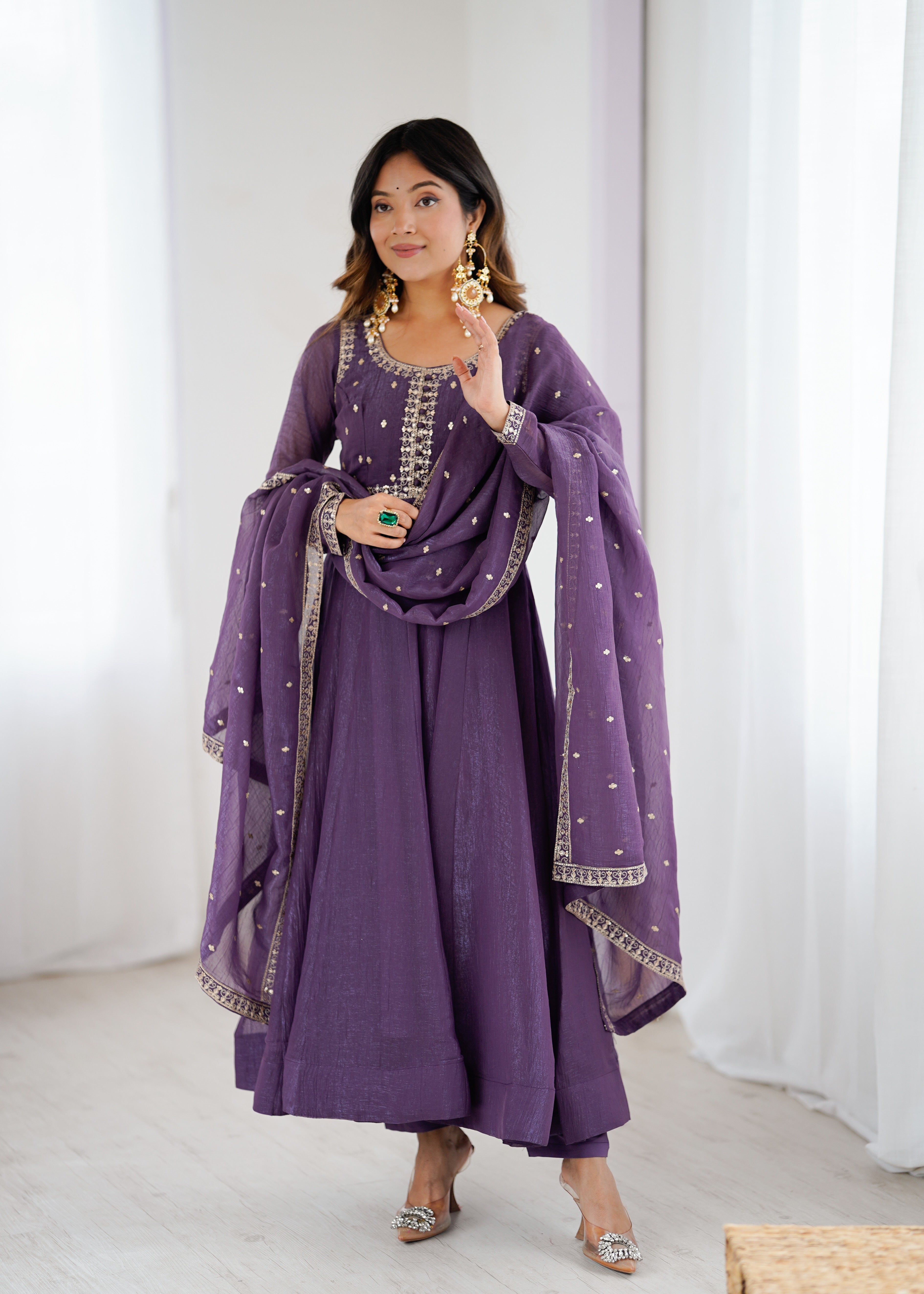HEAVY PURE CRUNCHY SILK FABRIC ANARKALI GOWN,PENT WITH DUPPTA SET READY TO WEAR