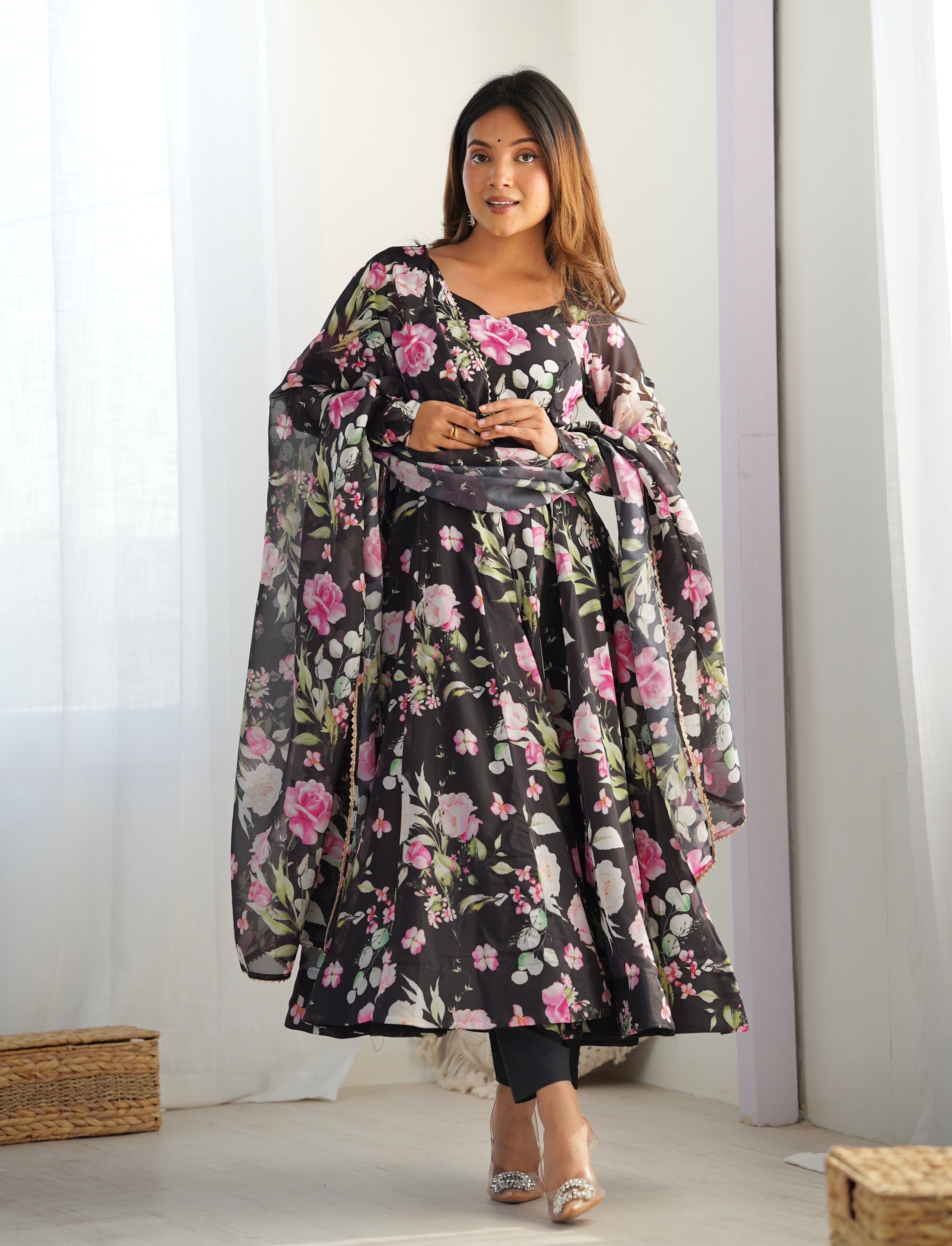 ZIBLON Women's Organza Anarkali Gown Set with Duptta