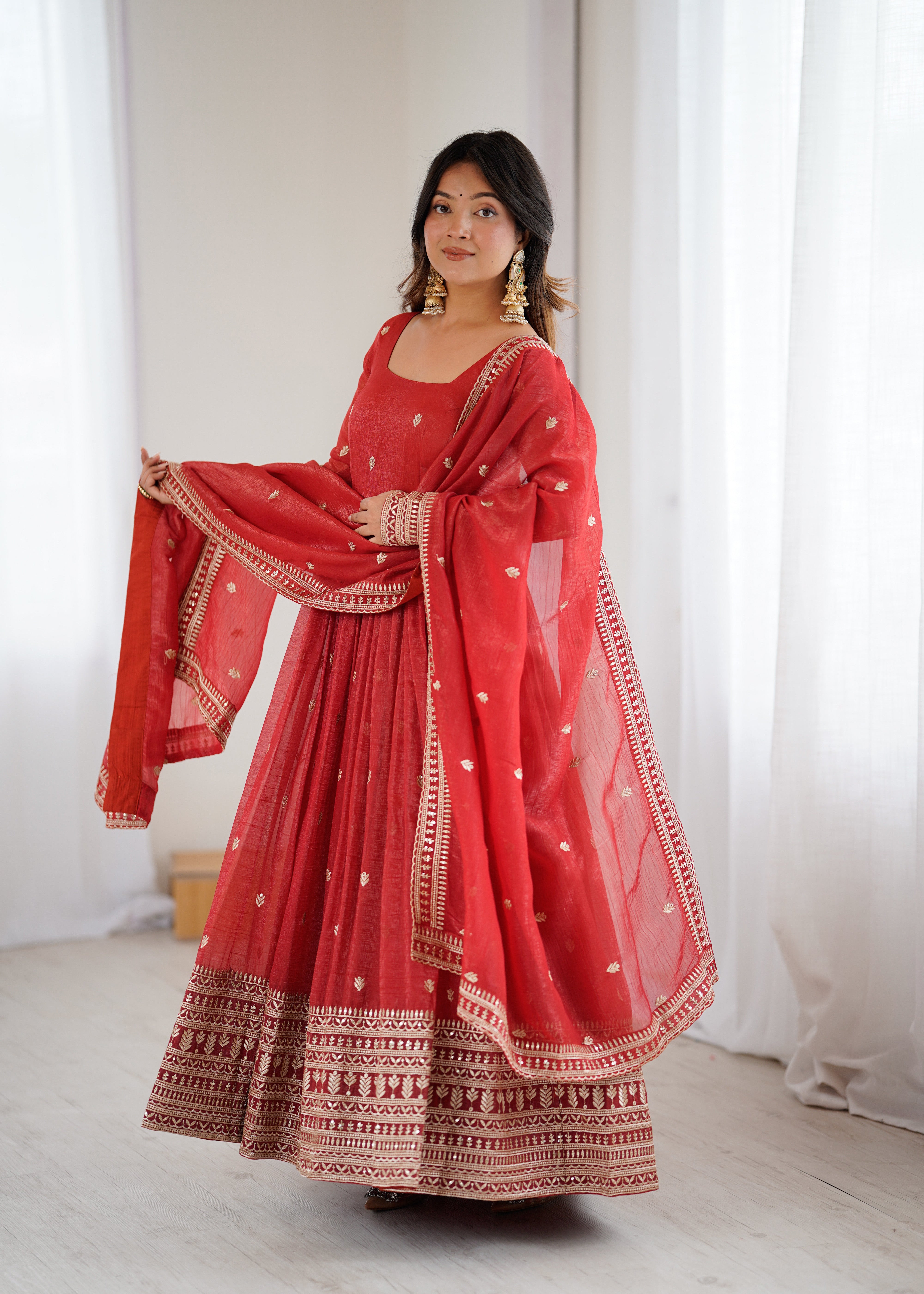 PREMIUM QUALITY PURE CRUNCHY SILK FABRIC FULLY FLAIR  GOWN,WITH DUPPTA SET