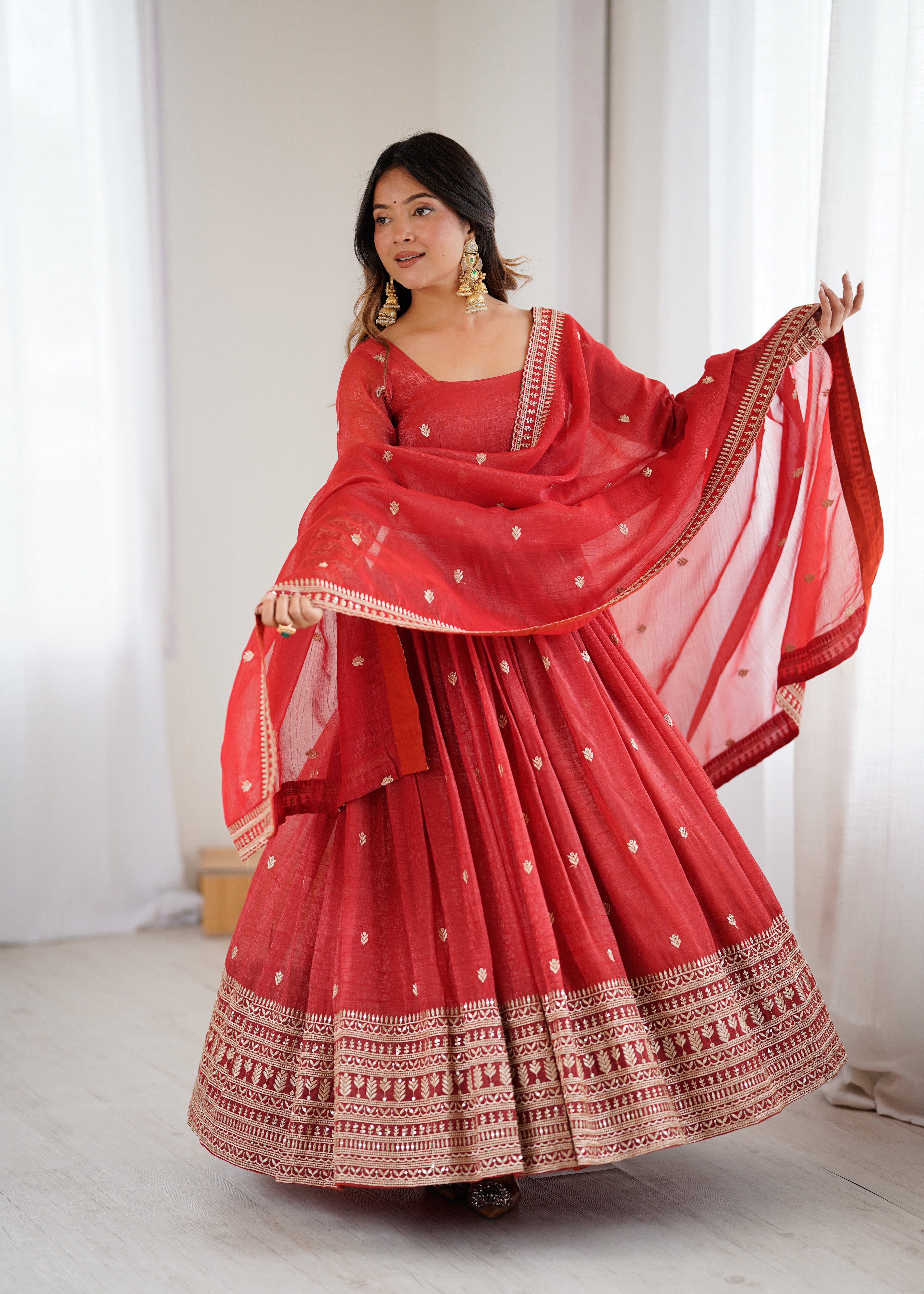 PREMIUM QUALITY PURE CRUNCHY SILK FABRIC FULLY FLAIR  GOWN,WITH DUPPTA SET