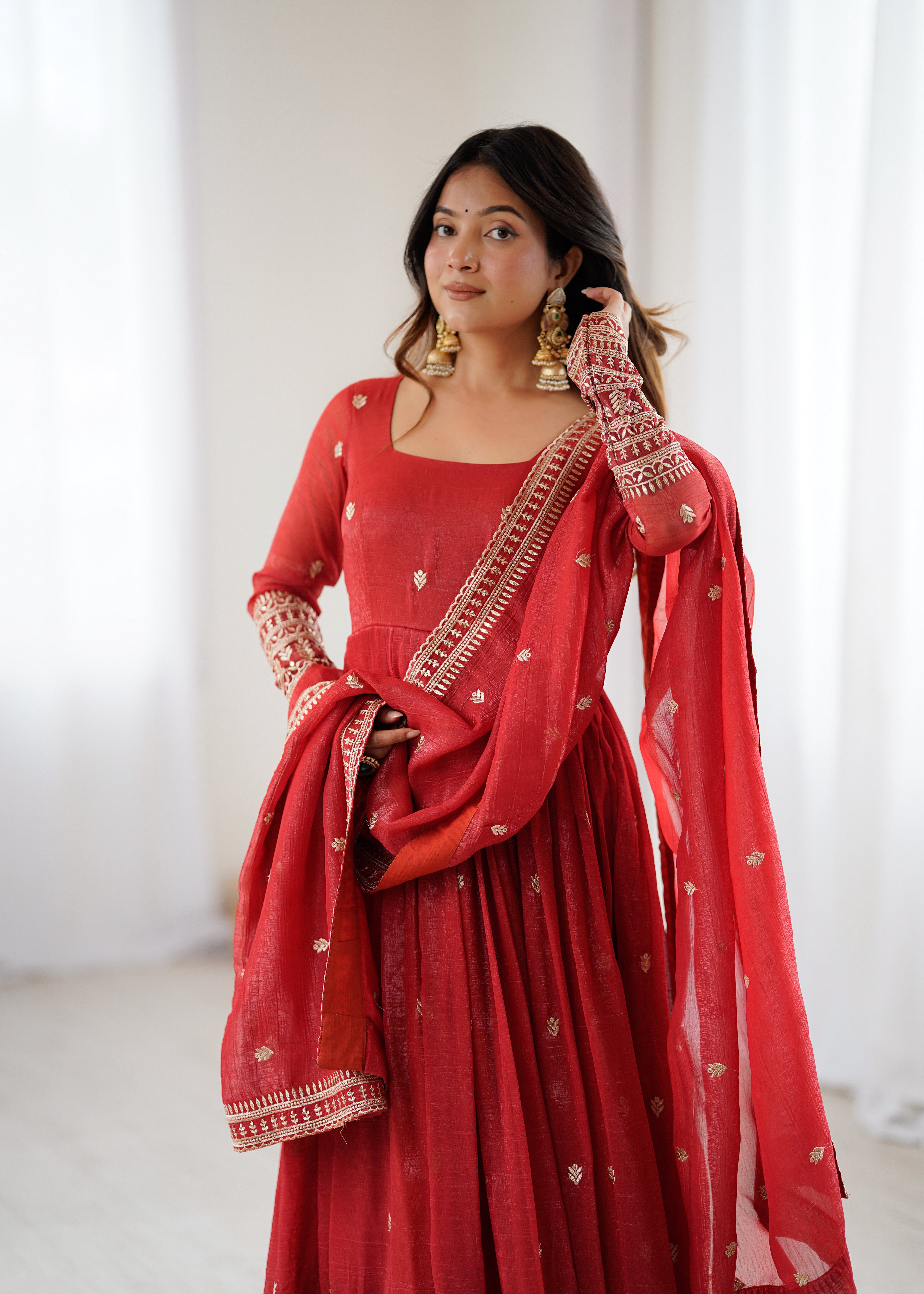 PREMIUM QUALITY PURE CRUNCHY SILK FABRIC FULLY FLAIR  GOWN,WITH DUPPTA SET