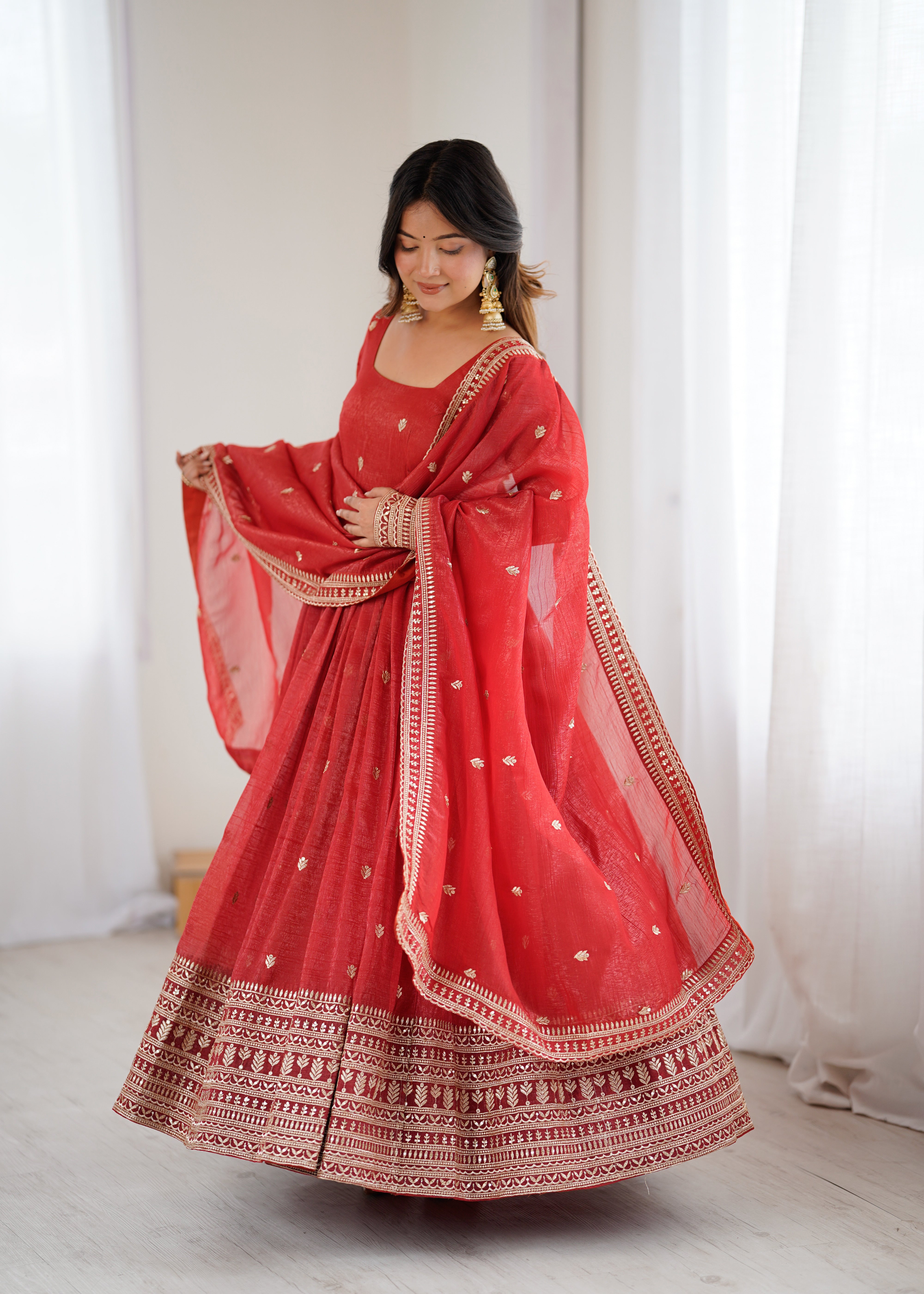 PREMIUM QUALITY PURE CRUNCHY SILK FABRIC FULLY FLAIR  GOWN,WITH DUPPTA SET