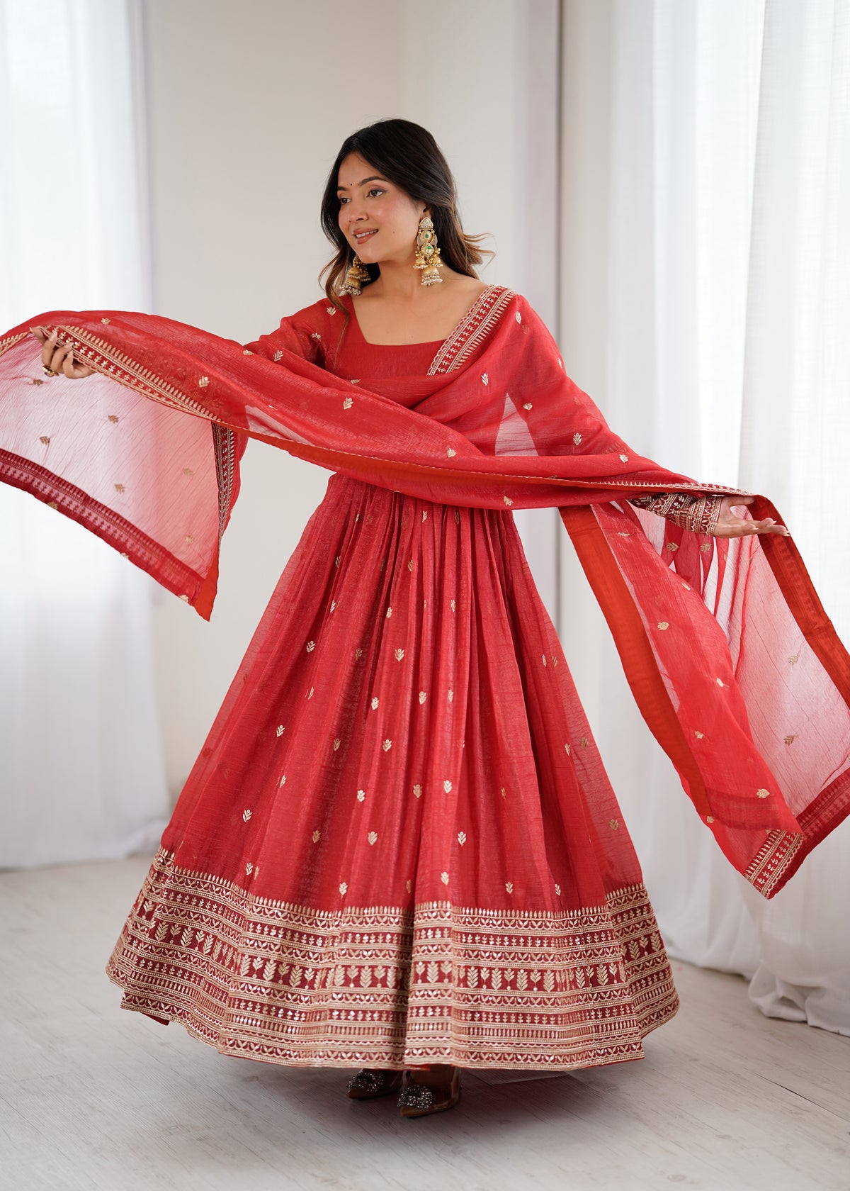 PREMIUM QUALITY PURE CRUNCHY SILK FABRIC FULLY FLAIR  GOWN,WITH DUPPTA SET