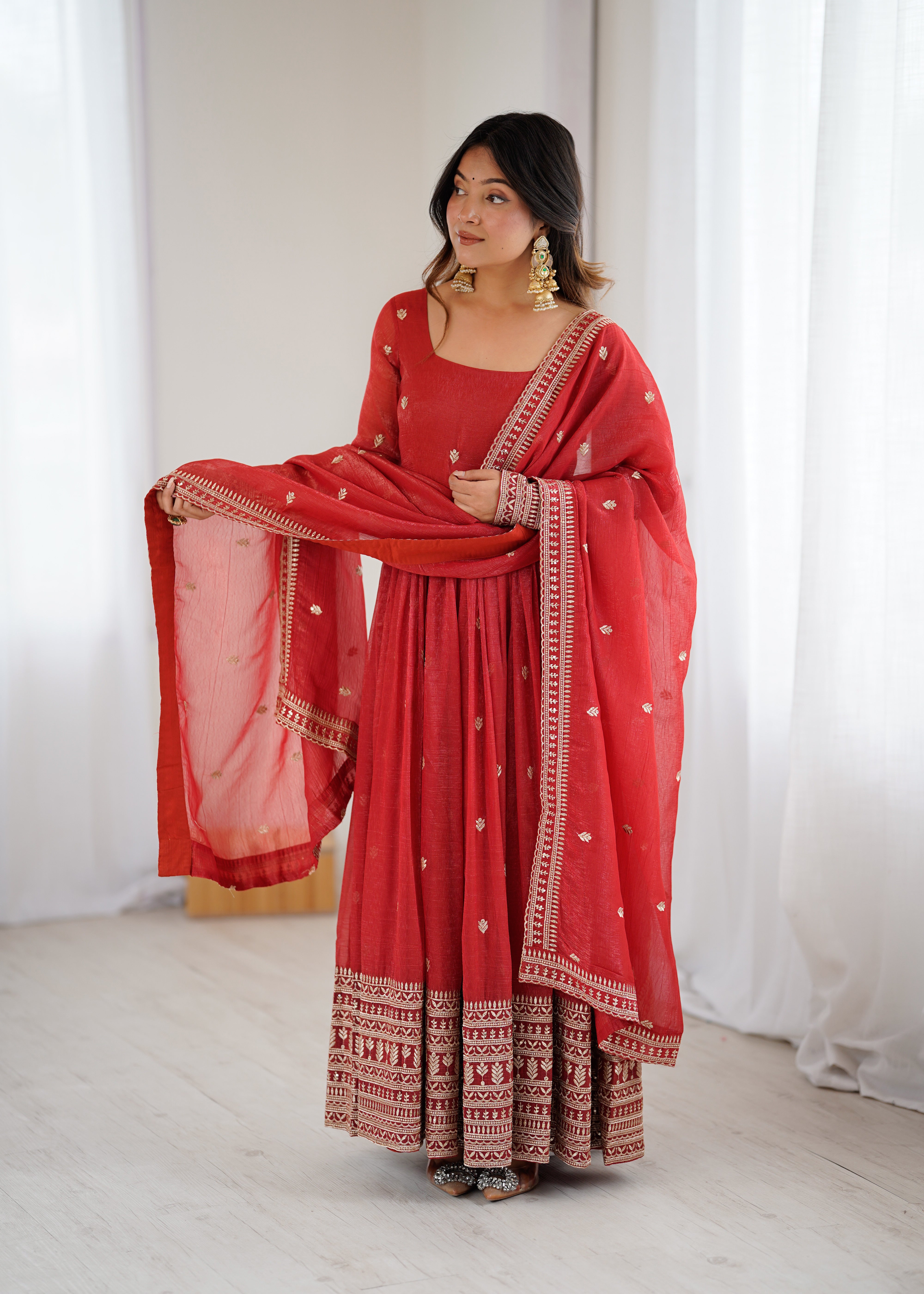 PREMIUM QUALITY PURE CRUNCHY SILK FABRIC FULLY FLAIR  GOWN,WITH DUPPTA SET
