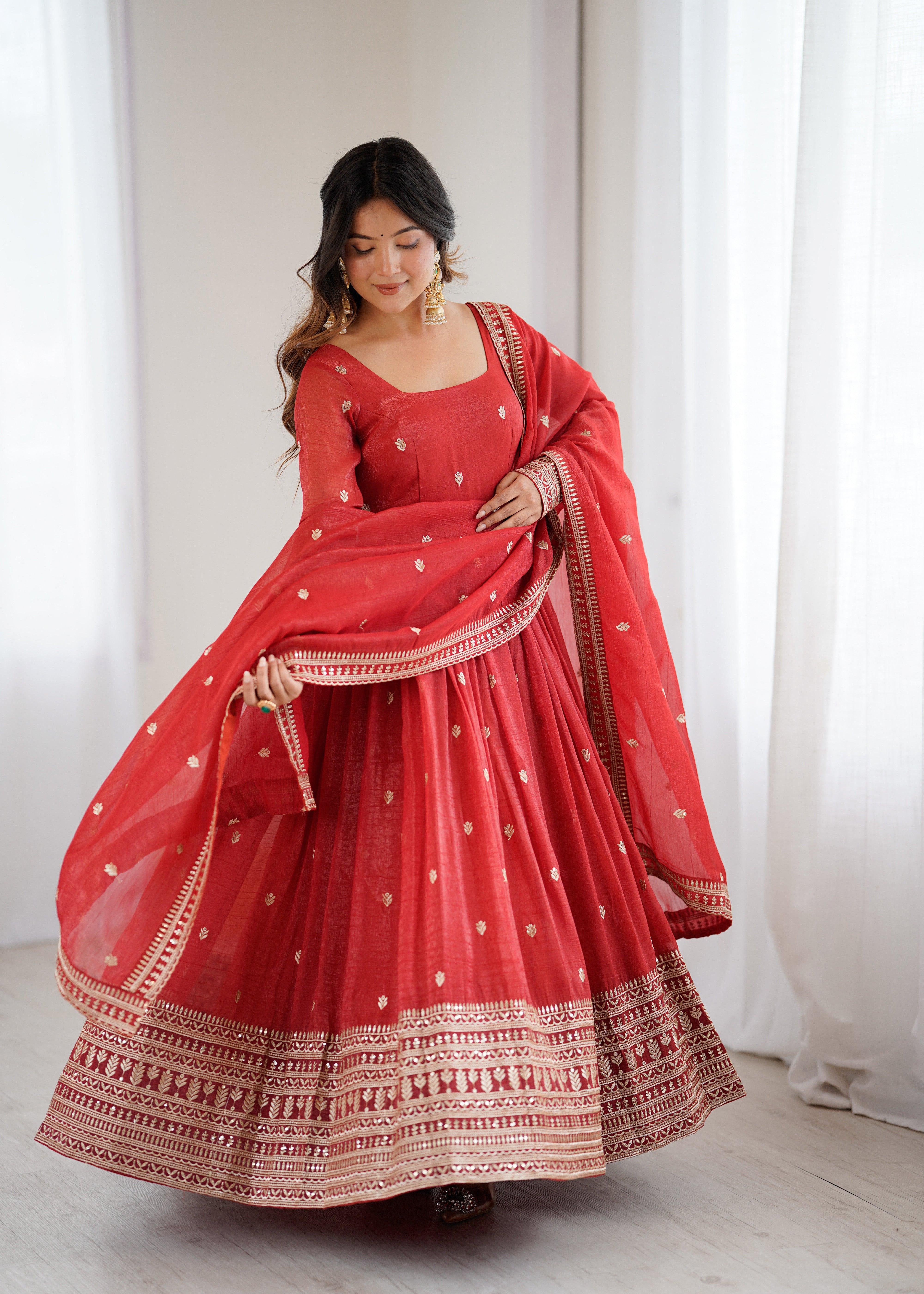 PREMIUM QUALITY PURE CRUNCHY SILK FABRIC FULLY FLAIR  GOWN,WITH DUPPTA SET