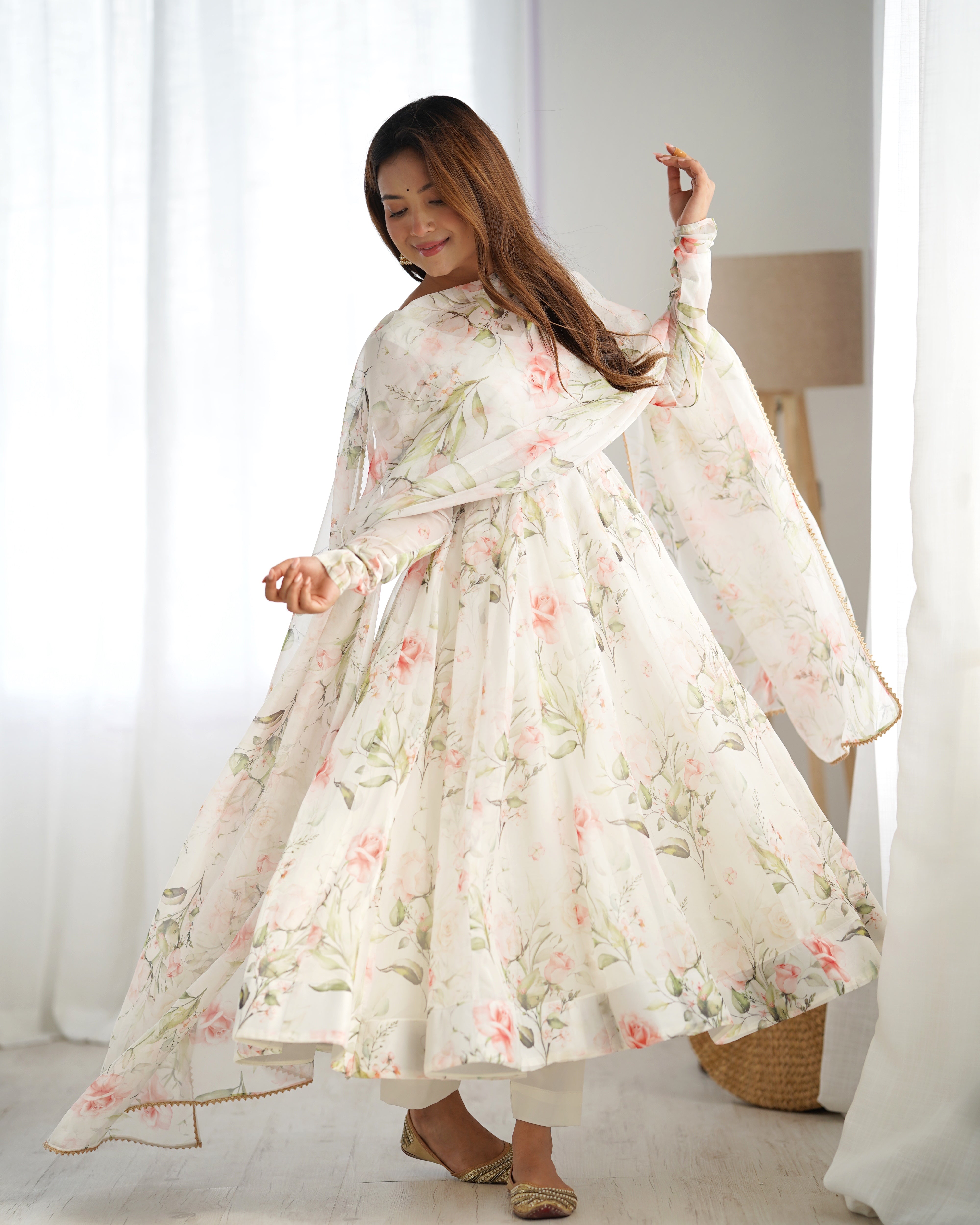 ZIBLON Women's Organza Anarkali Gown Set with Duptta