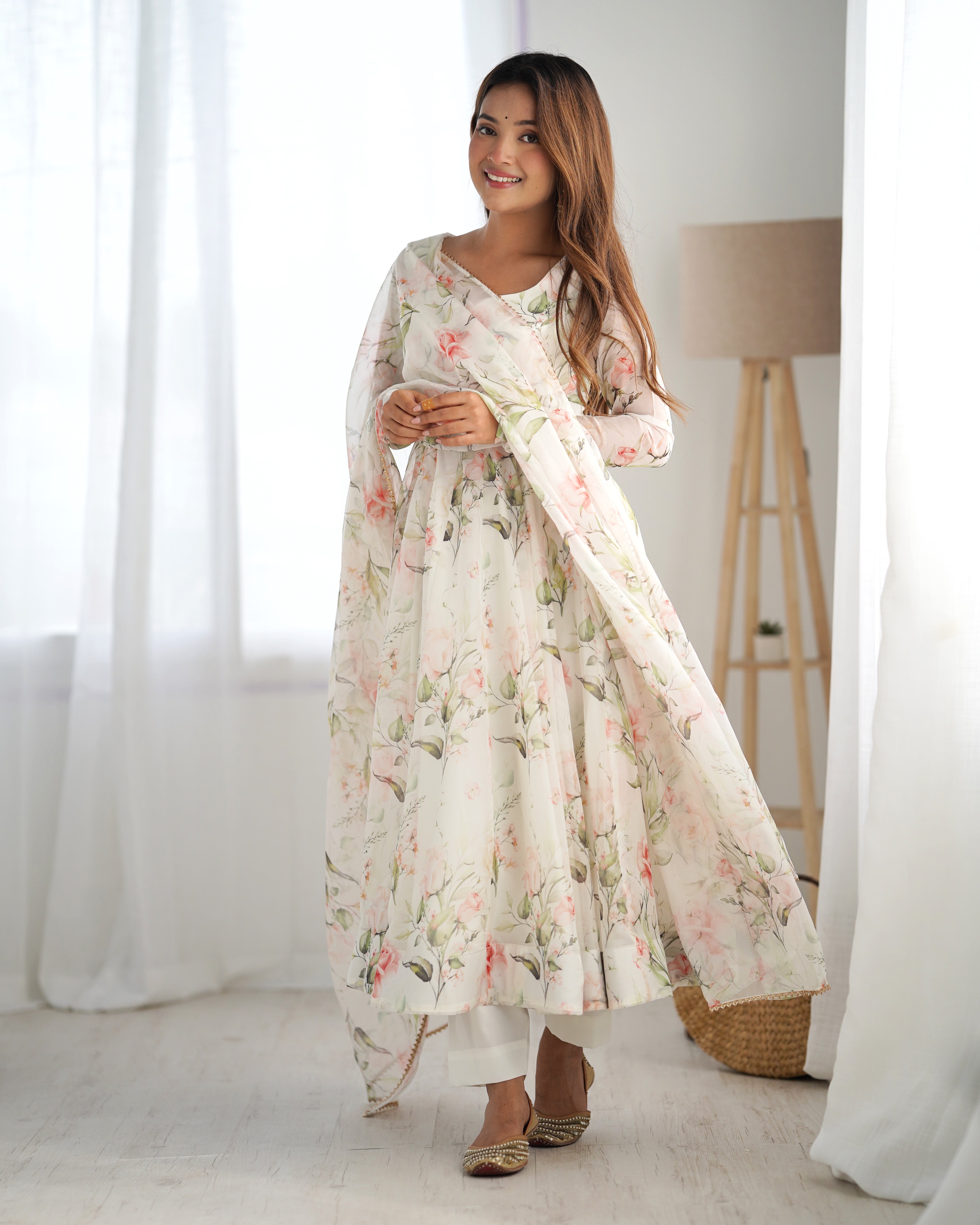 ZIBLON Women's Organza Anarkali Gown Set with Duptta