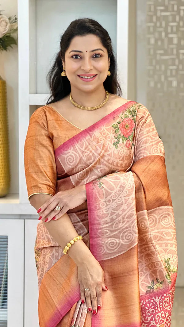 SOFT TUSSAR SILK SAREE WITH BEAUTIFUL PRINT WITH ATTRACTIVE PALLU AND CONTRAST PALLU  WITH TASSAL