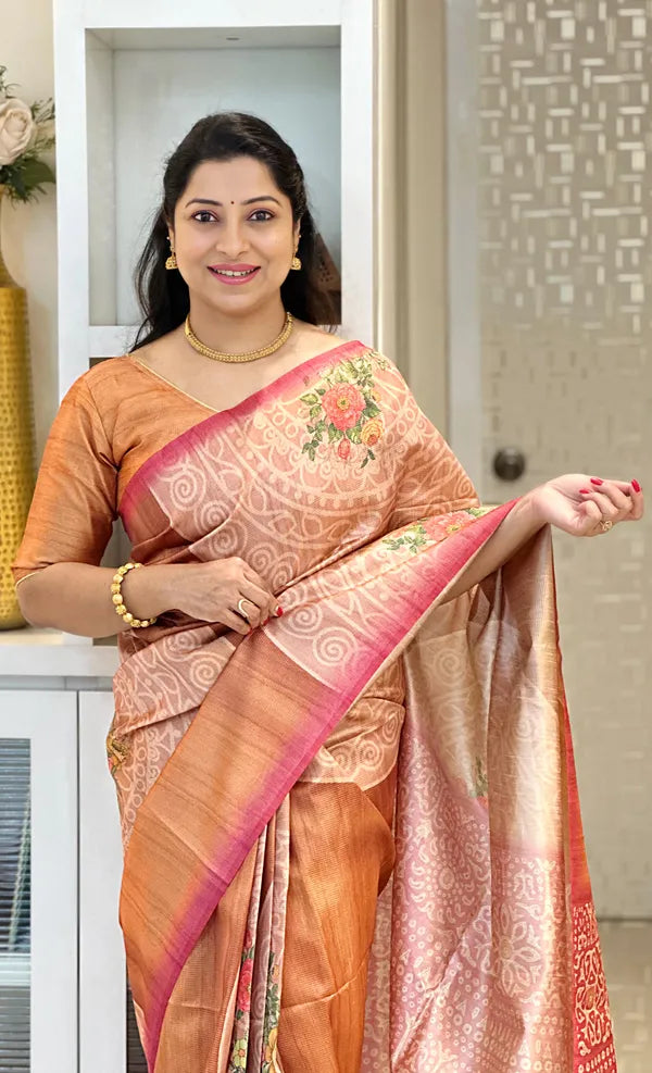 SOFT TUSSAR SILK SAREE WITH BEAUTIFUL PRINT WITH ATTRACTIVE PALLU AND CONTRAST PALLU  WITH TASSAL