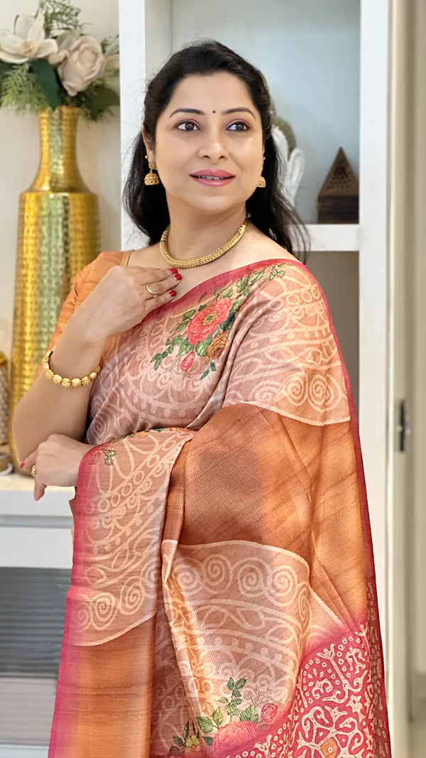 SOFT TUSSAR SILK SAREE WITH BEAUTIFUL PRINT WITH ATTRACTIVE PALLU AND CONTRAST PALLU  WITH TASSAL
