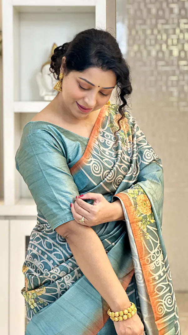 SOFT TUSSAR SILK SAREE WITH BEAUTIFUL PRINT WITH ATTRACTIVE PALLU AND CONTRAST PALLU  WITH TASSAL