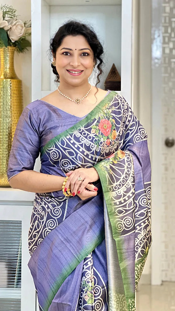 SOFT TUSSAR SILK SAREE WITH BEAUTIFUL PRINT WITH ATTRACTIVE PALLU AND CONTRAST PALLU  WITH TASSAL