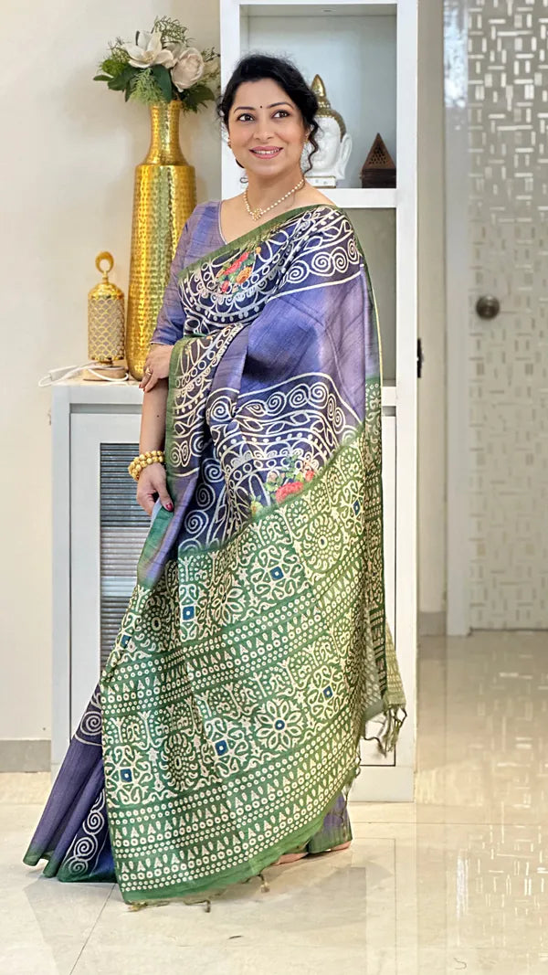 SOFT TUSSAR SILK SAREE WITH BEAUTIFUL PRINT WITH ATTRACTIVE PALLU AND CONTRAST PALLU  WITH TASSAL