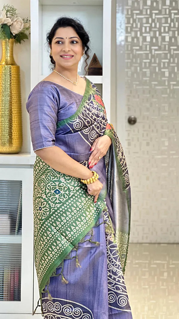 SOFT TUSSAR SILK SAREE WITH BEAUTIFUL PRINT WITH ATTRACTIVE PALLU AND CONTRAST PALLU  WITH TASSAL
