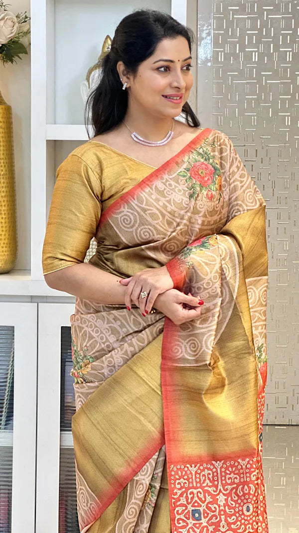 SOFT TUSSAR SILK SAREE WITH BEAUTIFUL PRINT WITH ATTRACTIVE PALLU AND CONTRAST PALLU  WITH TASSAL