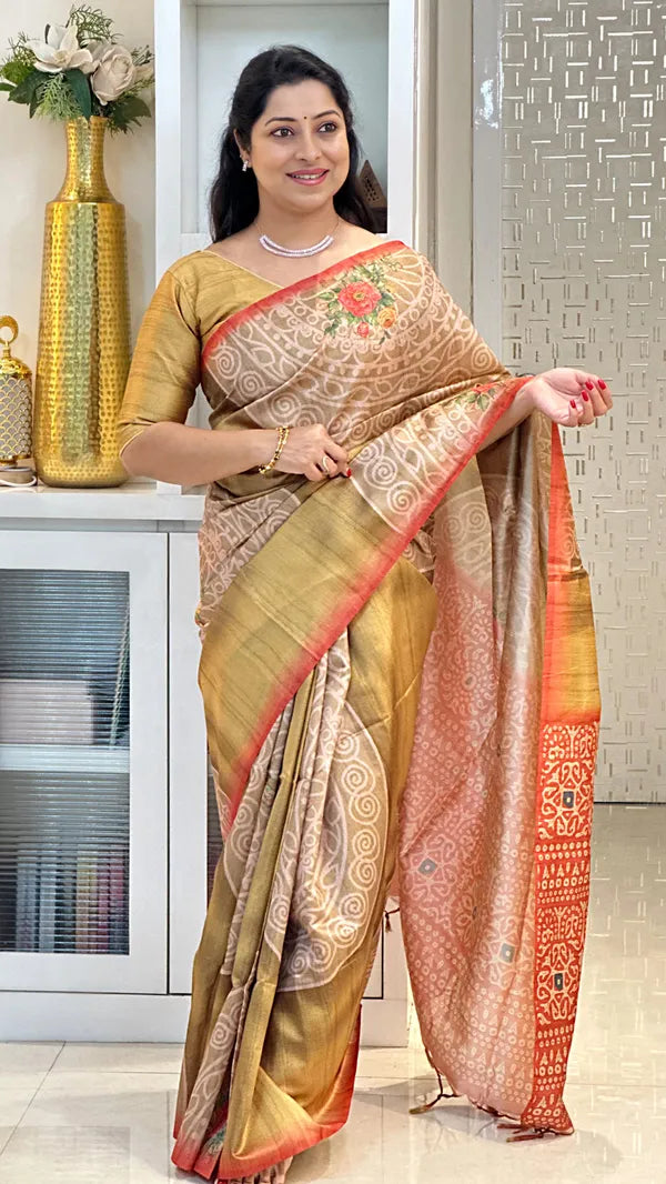 SOFT TUSSAR SILK SAREE WITH BEAUTIFUL PRINT WITH ATTRACTIVE PALLU AND CONTRAST PALLU  WITH TASSAL