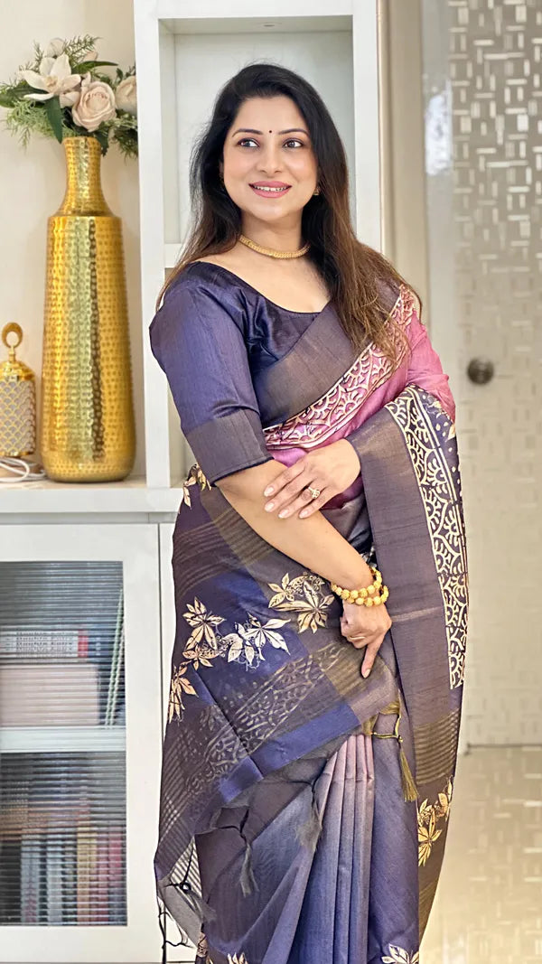 SOFT TUSSAR SILK SAREE WITH BEAUTIFUL PRINT WITH ATTRACTIVE PALLU AND CONTRAST PALLU  WITH TASSAL