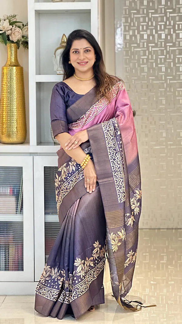 SOFT TUSSAR SILK SAREE WITH BEAUTIFUL PRINT WITH ATTRACTIVE PALLU AND CONTRAST PALLU  WITH TASSAL