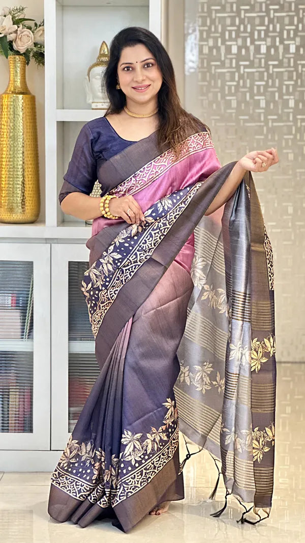 SOFT TUSSAR SILK SAREE WITH BEAUTIFUL PRINT WITH ATTRACTIVE PALLU AND CONTRAST PALLU  WITH TASSAL