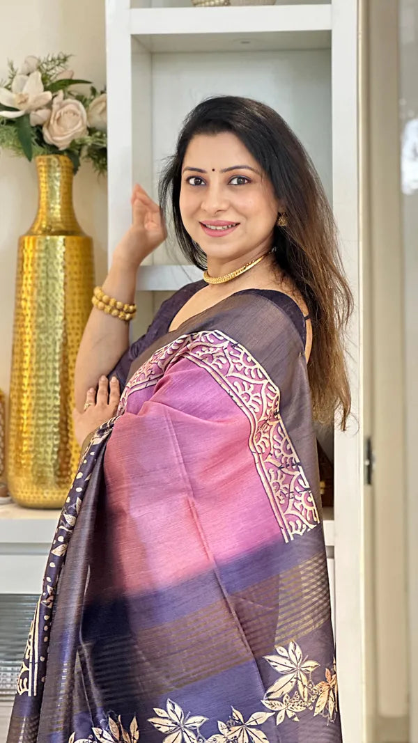 SOFT TUSSAR SILK SAREE WITH BEAUTIFUL PRINT WITH ATTRACTIVE PALLU AND CONTRAST PALLU  WITH TASSAL