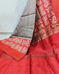 SOFT TUSSAR SILK SAREE WITH BEAUTIFUL PRINT WITH ATTRACTIVE PALLU AND CONTRAST PALLU  WITH TASSAL