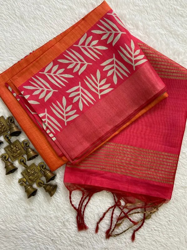 SOFT TUSSAR SILK SAREE WITH BEAUTIFUL PRINT WITH ATTRACTIVE PALLU AND CONTRAST PALLU  WITH TASSAL