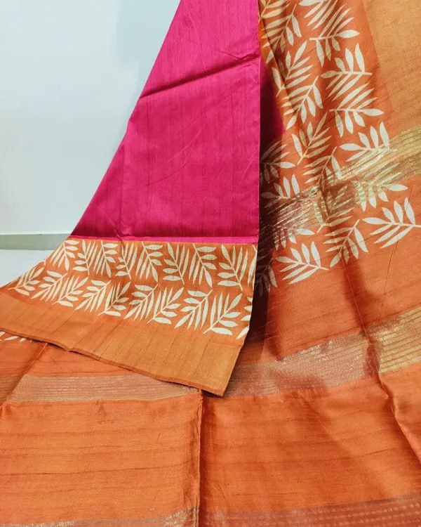 SOFT TUSSAR SILK SAREE WITH BEAUTIFUL PRINT WITH ATTRACTIVE PALLU AND CONTRAST PALLU  WITH TASSAL