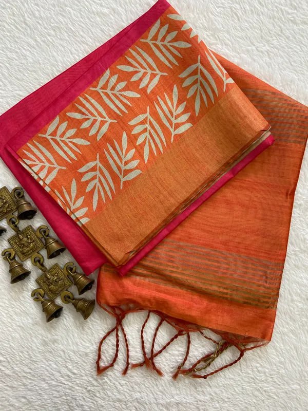 SOFT TUSSAR SILK SAREE WITH BEAUTIFUL PRINT WITH ATTRACTIVE PALLU AND CONTRAST PALLU  WITH TASSAL