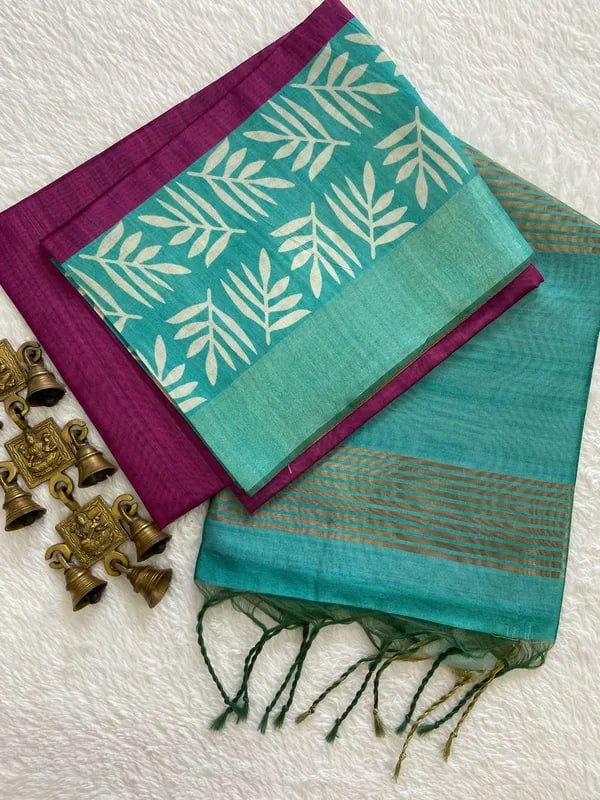 Soft Tussar Silk LEAF DESIGN sarees with Beautiful PALLU AND ATTACHED TASSAL