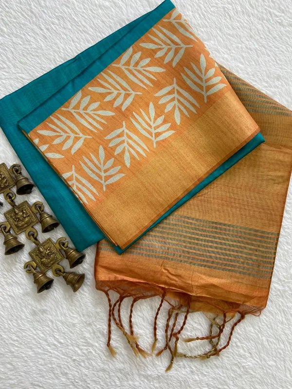 Soft Tussar Silk LEAF DESIGN sarees with Beautiful PALLU AND ATTACHED TASSAL