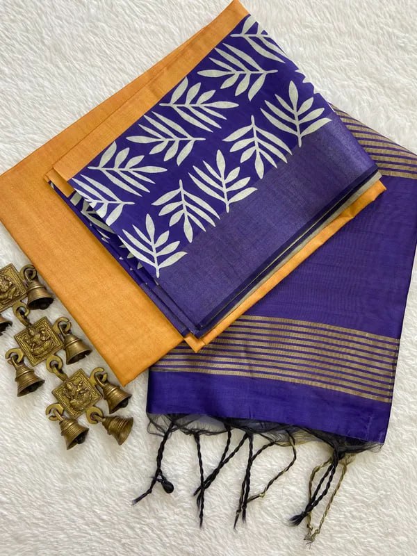 SOFT TUSSAR SILK SAREE WITH BEAUTIFUL PRINT WITH ATTRACTIVE PALLU AND CONTRAST PALLU  WITH TASSAL
