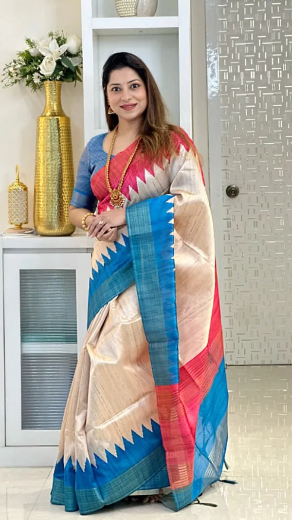 SOFT TUSSAR SILK SAREE WITH BEAUTIFUL PRINT WITH ATTRACTIVE PALLU AND CONTRAST PALLU  WITH TASSAL