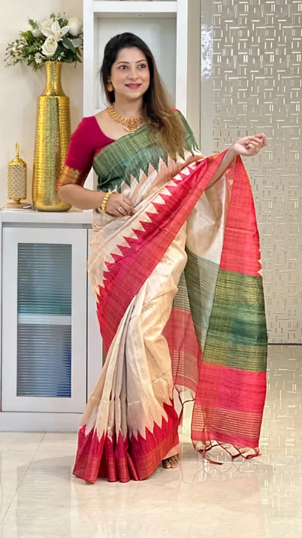 SOFT TUSSAR SILK SAREE WITH BEAUTIFUL PRINT WITH ATTRACTIVE PALLU AND CONTRAST PALLU  WITH TASSAL