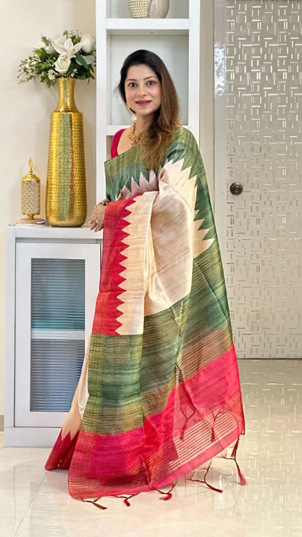 SOFT TUSSAR SILK SAREE WITH BEAUTIFUL PRINT WITH ATTRACTIVE PALLU AND CONTRAST PALLU  WITH TASSAL
