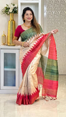 SOFT TUSSAR SILK SAREE WITH BEAUTIFUL PRINT WITH ATTRACTIVE PALLU AND CONTRAST PALLU  WITH TASSAL