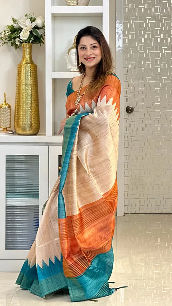 SOFT TUSSAR SILK SAREE WITH BEAUTIFUL PRINT WITH ATTRACTIVE PALLU AND CONTRAST PALLU  WITH TASSAL