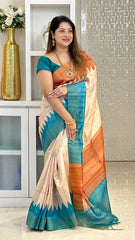 SOFT TUSSAR SILK SAREE WITH BEAUTIFUL PRINT WITH ATTRACTIVE PALLU AND CONTRAST PALLU  WITH TASSAL