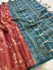 SOFT TUSSAR SILK SAREE WITH BEAUTIFUL PRINT WITH ATTRACTIVE PALLU AND CONTRAST PALLU  WITH TASSAL