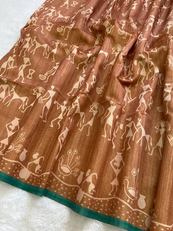 SOFT TUSSAR SILK SAREE WITH BEAUTIFUL PRINT WITH ATTRACTIVE PALLU AND CONTRAST PALLU  WITH TASSAL