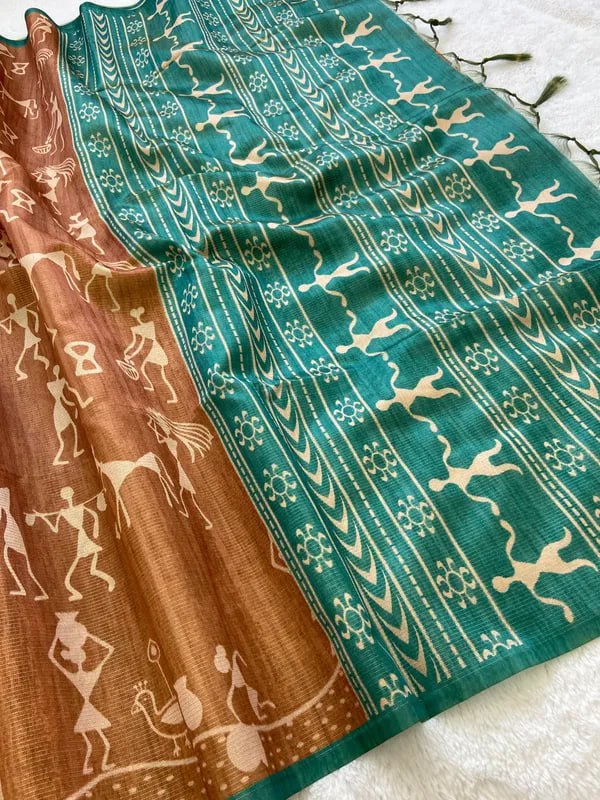 SOFT TUSSAR SILK SAREE WITH BEAUTIFUL PRINT WITH ATTRACTIVE PALLU AND CONTRAST PALLU  WITH TASSAL