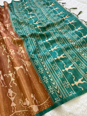 SOFT TUSSAR SILK SAREE WITH BEAUTIFUL PRINT WITH ATTRACTIVE PALLU AND CONTRAST PALLU  WITH TASSAL