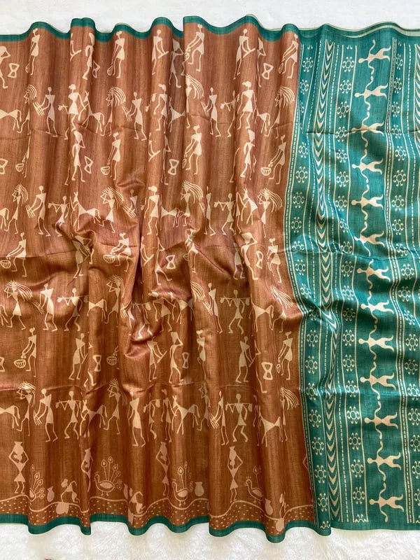 SOFT TUSSAR SILK SAREE WITH BEAUTIFUL PRINT WITH ATTRACTIVE PALLU AND CONTRAST PALLU  WITH TASSAL