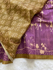 SOFT TUSSAR SILK SAREE WITH BEAUTIFUL PRINT WITH ATTRACTIVE PALLU AND CONTRAST PALLU  WITH TASSAL